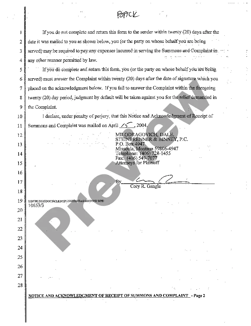 Preview A09 Notice and Acknowledgment of Receipt of Summons and Complaint