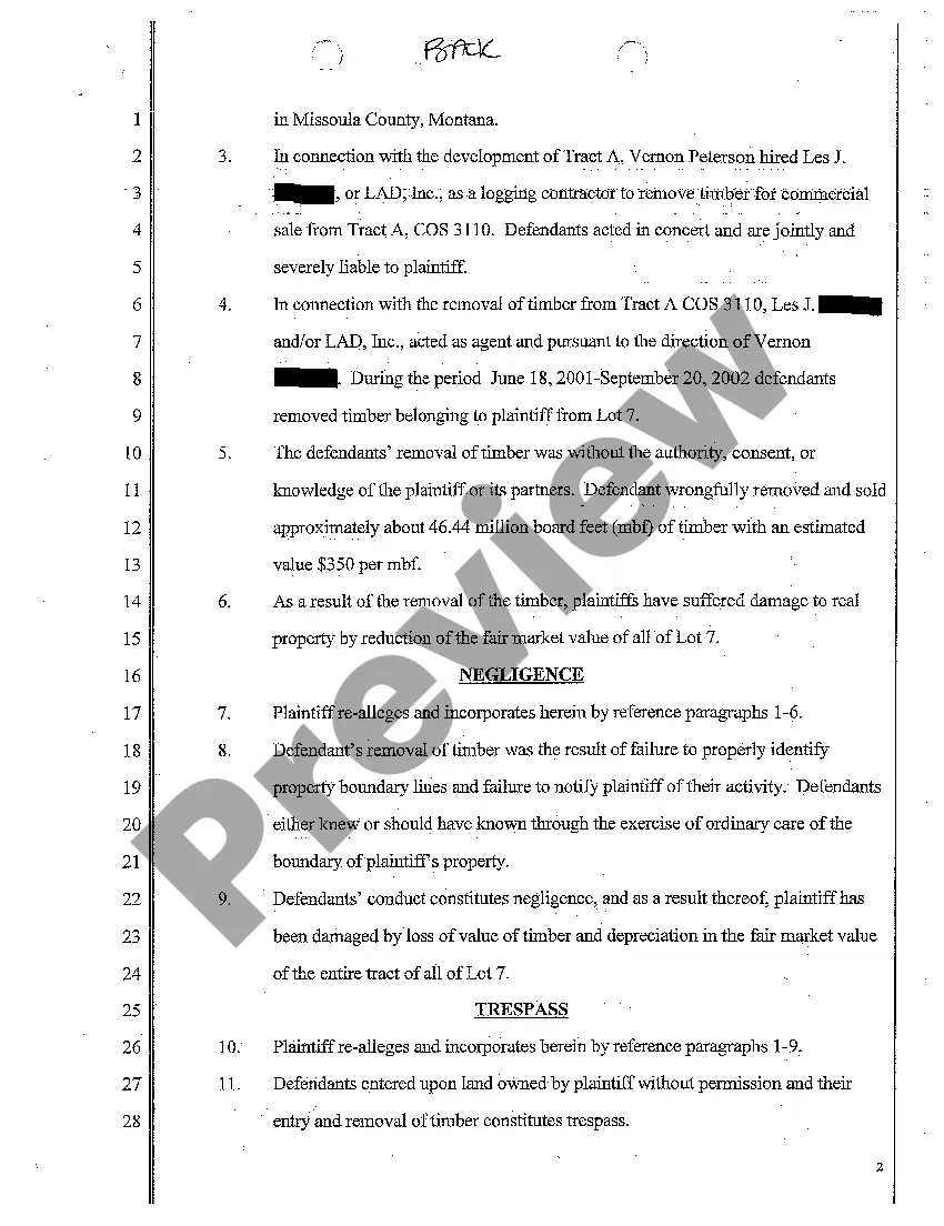 Preview A01 Complaint for Unauthorized Removal of Timber from Plaintiff's Property