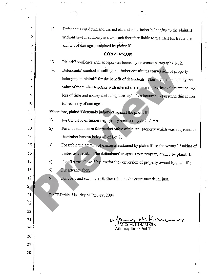 Preview A01 Complaint for Unauthorized Removal of Timber from Plaintiff's Property