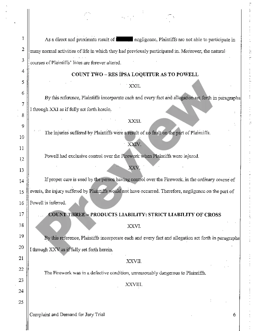 Preview A01 Complaint for Personal Injury Sustained to Invitee Who was Hit in Eye by Firework