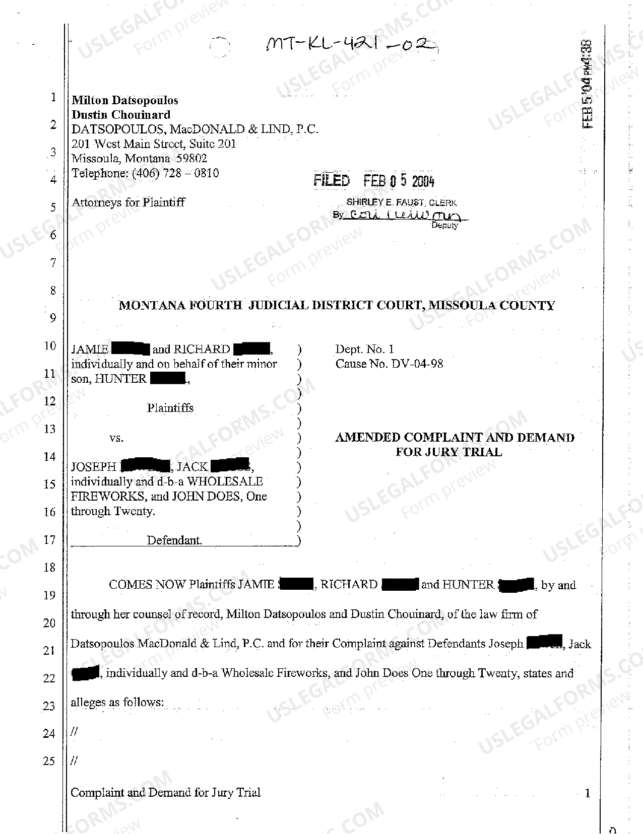 Montana Amended Complaint and Demand for Jury Trail | US Legal Forms