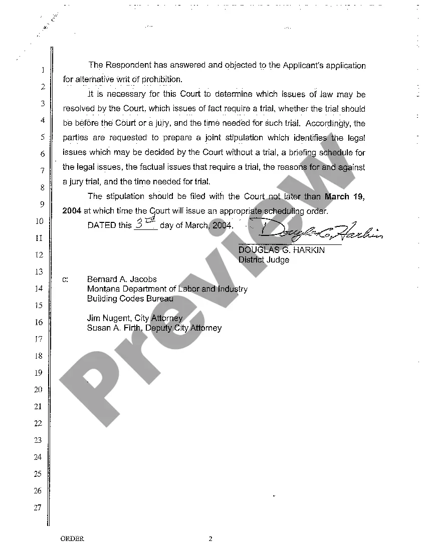 Preview A02 Order Asking Parties to Prepare a Joint Stipulation Identifying Legal Issues Surrounding Writ of Prohibition