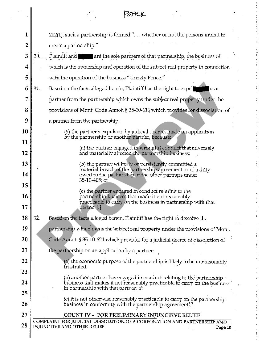 Get A01 Complaint for Judicial Dissolution of Corporation and Partnership and for Injunctive Relief Due to One Partner's Compromising Conduct Preview A01 Complaint for Judicial Dissolution of Corporation and Partnership and for Injunctive Relief Due to One Partner's Compromising Conduct