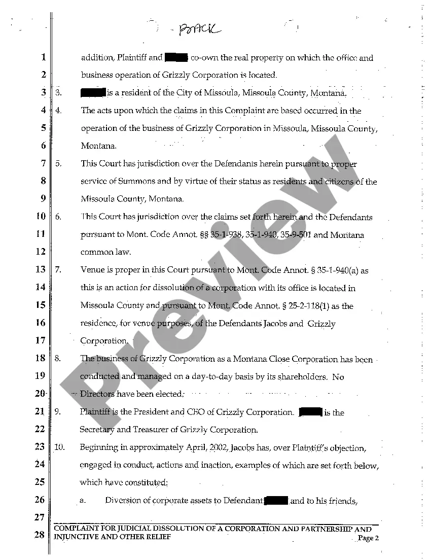 Get A01 Complaint for Judicial Dissolution of Corporation and Partnership and for Injunctive Relief Due to One Partner's Compromising Conduct Preview A01 Complaint for Judicial Dissolution of Corporation and Partnership and for Injunctive Relief Due to One Partner's Compromising Conduct