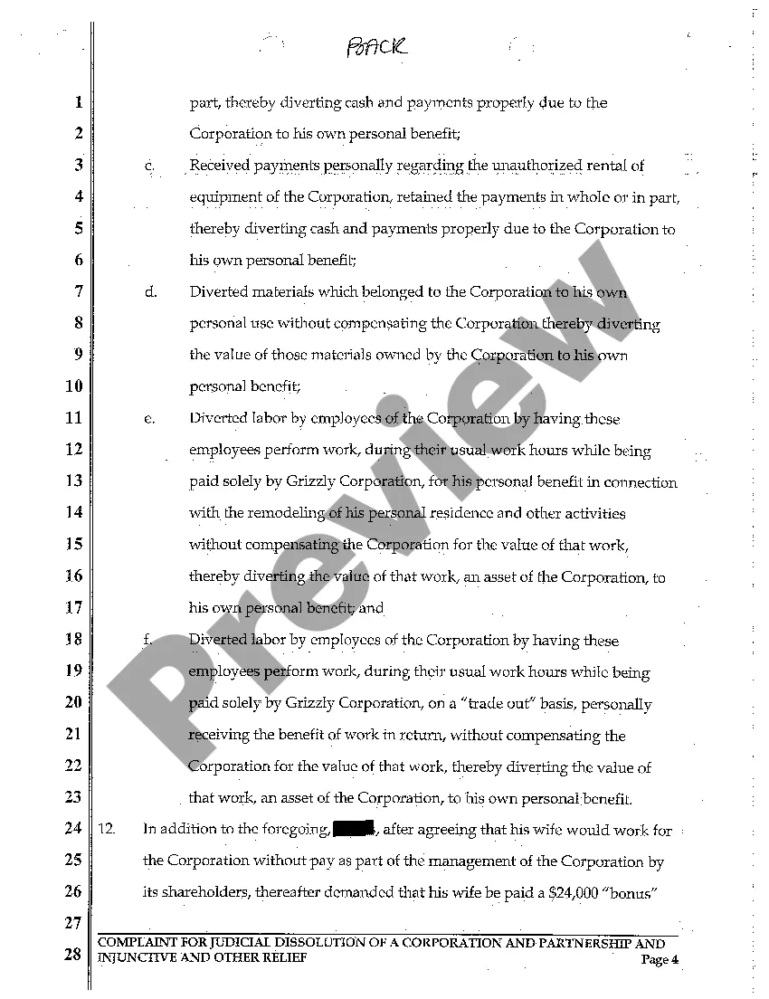 Get A01 Complaint for Judicial Dissolution of Corporation and Partnership and for Injunctive Relief Due to One Partner's Compromising Conduct Preview A01 Complaint for Judicial Dissolution of Corporation and Partnership and for Injunctive Relief Due to One Partner's Compromising Conduct
