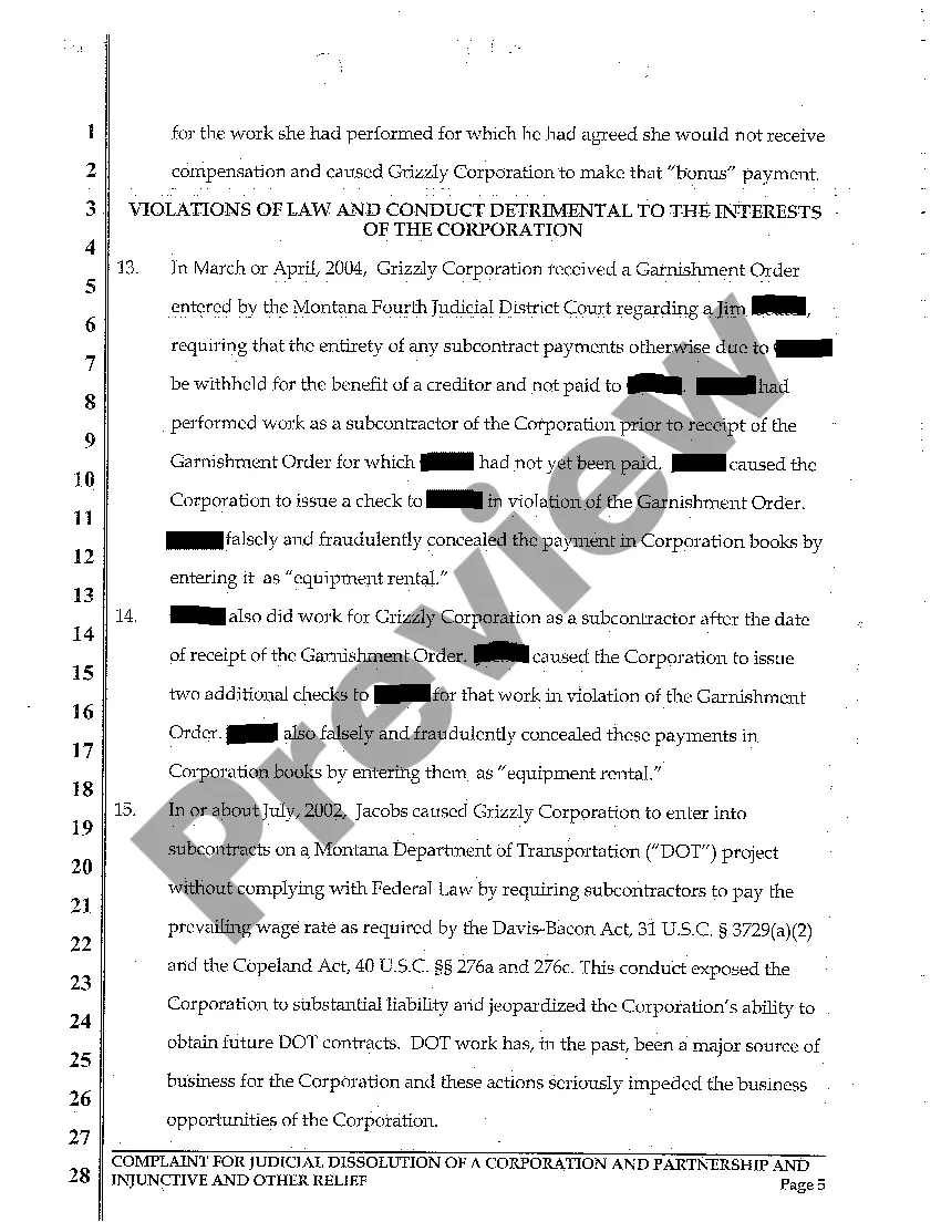 Get A01 Complaint for Judicial Dissolution of Corporation and Partnership and for Injunctive Relief Due to One Partner's Compromising Conduct Preview A01 Complaint for Judicial Dissolution of Corporation and Partnership and for Injunctive Relief Due to One Partner's Compromising Conduct