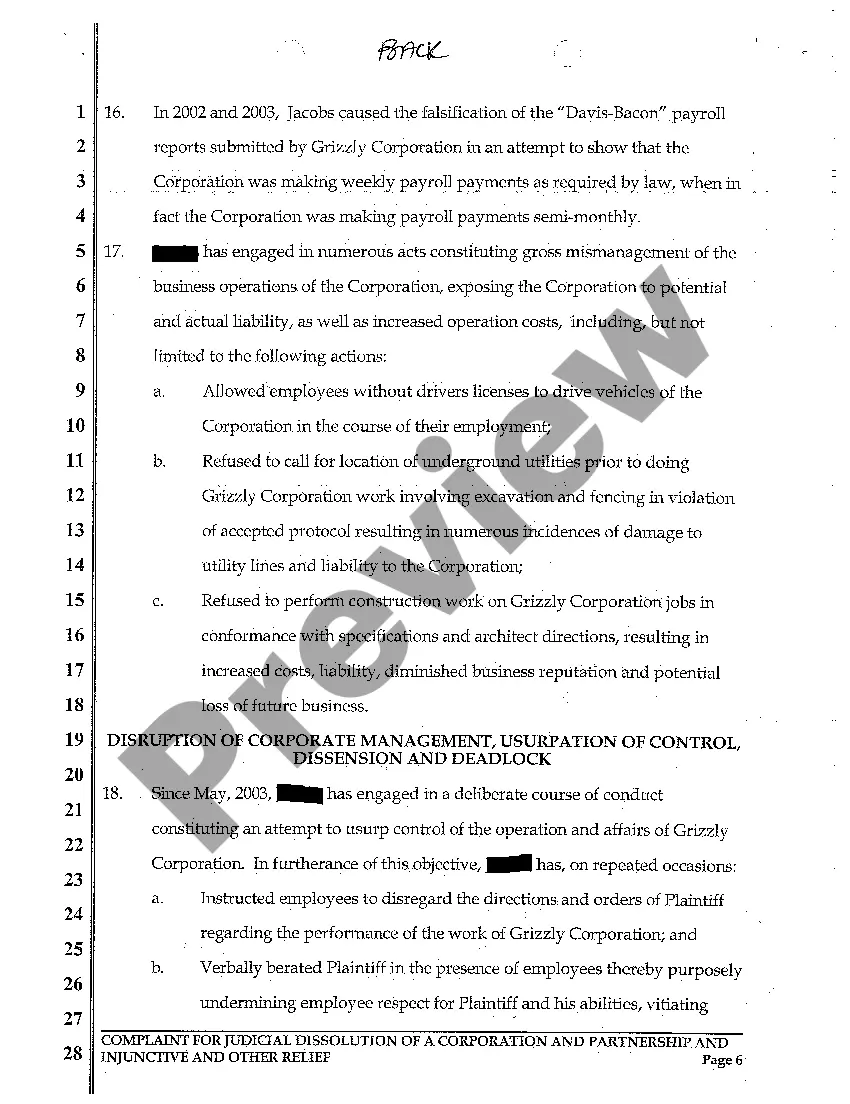 Get A01 Complaint for Judicial Dissolution of Corporation and Partnership and for Injunctive Relief Due to One Partner's Compromising Conduct Preview A01 Complaint for Judicial Dissolution of Corporation and Partnership and for Injunctive Relief Due to One Partner's Compromising Conduct