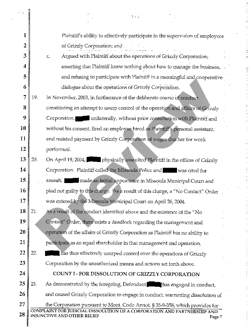 Get A01 Complaint for Judicial Dissolution of Corporation and Partnership and for Injunctive Relief Due to One Partner's Compromising Conduct Preview A01 Complaint for Judicial Dissolution of Corporation and Partnership and for Injunctive Relief Due to One Partner's Compromising Conduct