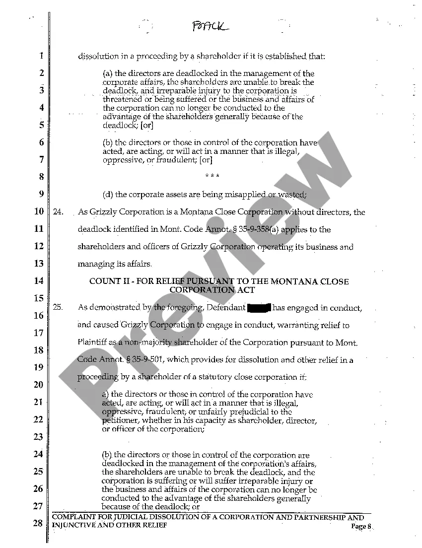 Get A01 Complaint for Judicial Dissolution of Corporation and Partnership and for Injunctive Relief Due to One Partner's Compromising Conduct Preview A01 Complaint for Judicial Dissolution of Corporation and Partnership and for Injunctive Relief Due to One Partner's Compromising Conduct