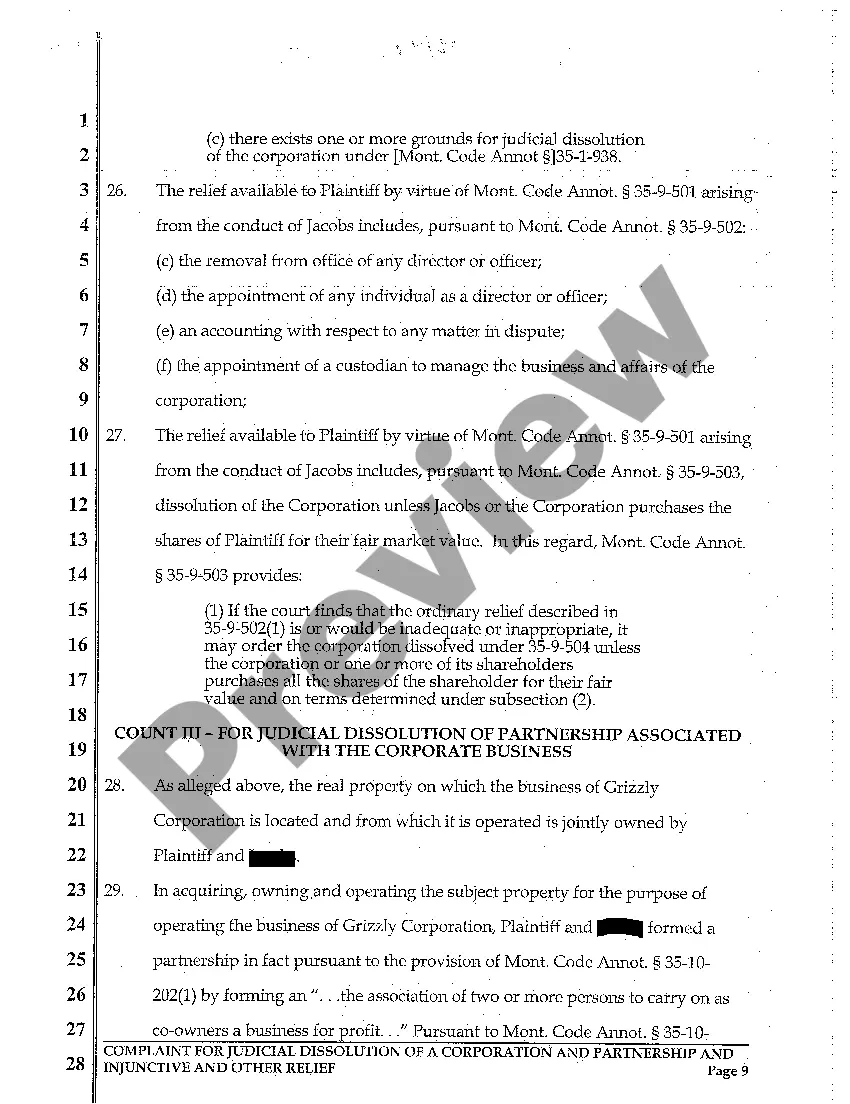 Get A01 Complaint for Judicial Dissolution of Corporation and Partnership and for Injunctive Relief Due to One Partner's Compromising Conduct Preview A01 Complaint for Judicial Dissolution of Corporation and Partnership and for Injunctive Relief Due to One Partner's Compromising Conduct