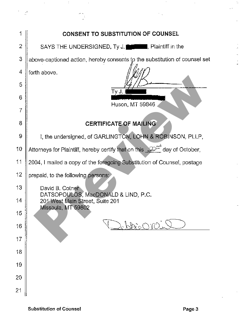 Montana Substitution Of Counsel For Plaintiff Us Legal Forms 7809