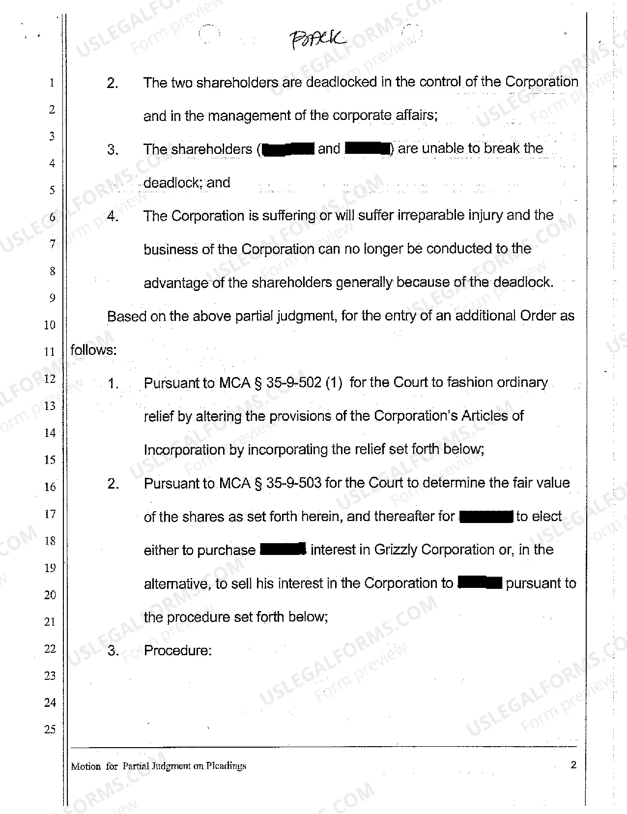Preview A20 Defendant's Motion for Partial Judgment on Pleadings, for Purchase of Shareholders' Shares, and For Appraisal and Sale of Real Estate