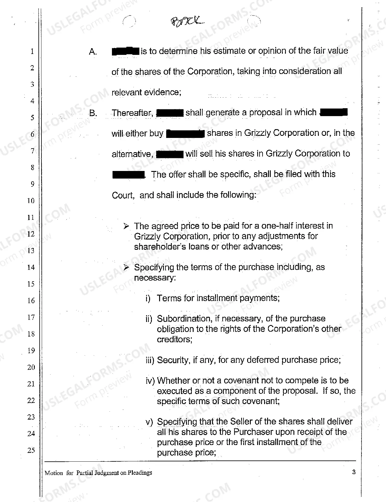 Preview A20 Defendant's Motion for Partial Judgment on Pleadings, for Purchase of Shareholders' Shares, and For Appraisal and Sale of Real Estate