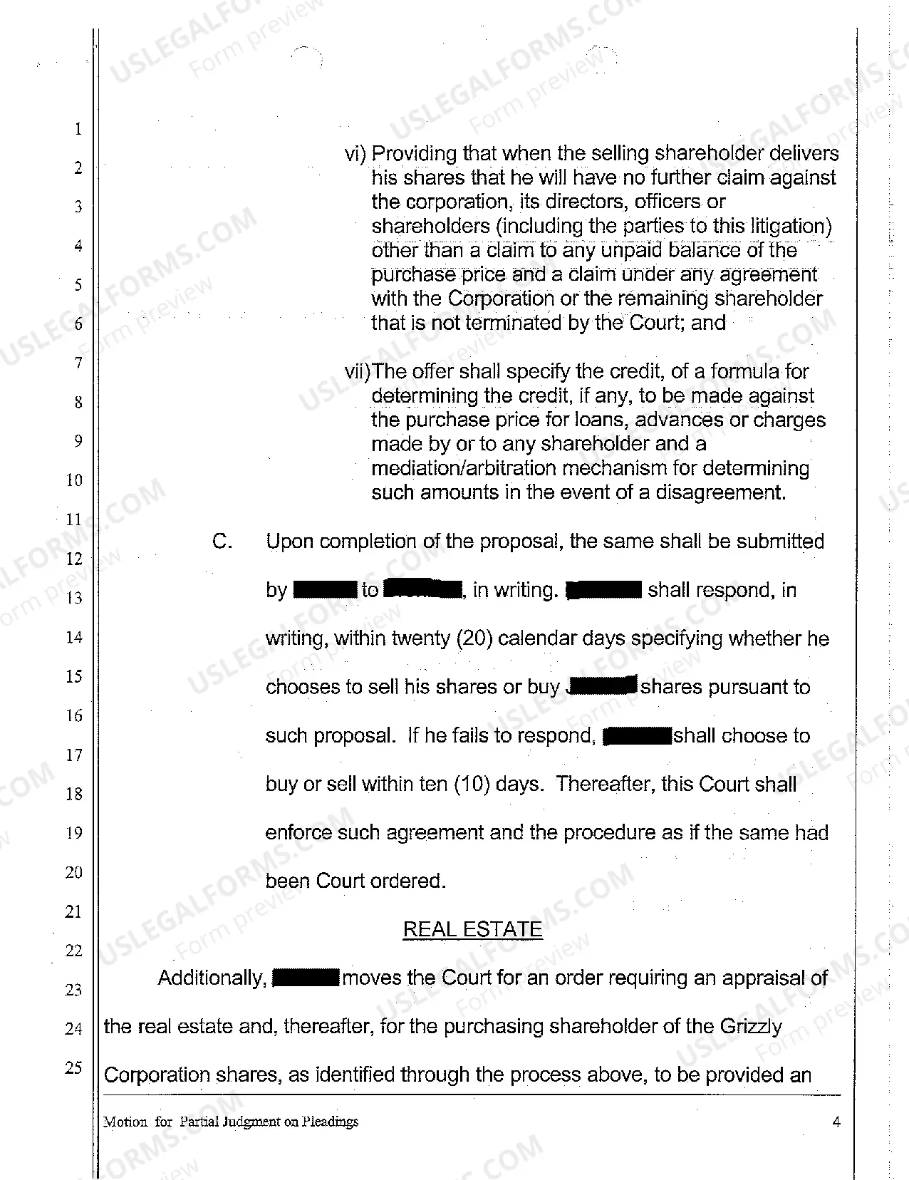 Preview A20 Defendant's Motion for Partial Judgment on Pleadings, for Purchase of Shareholders' Shares, and For Appraisal and Sale of Real Estate