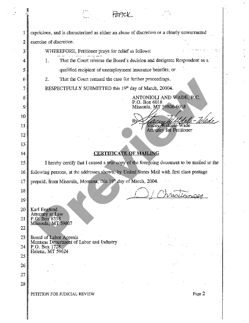 Preview A01 Petition for Judicial Review of Board of Labor Appeals of the Montana Department of Labor and Industry Decision
