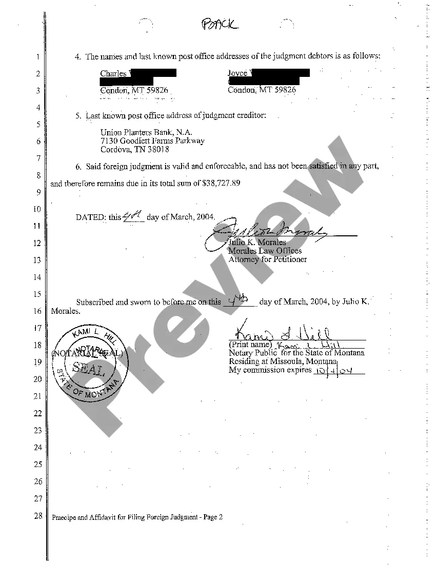 Preview A01 Praecipe and Affidavit for Filing Foreign Judgment