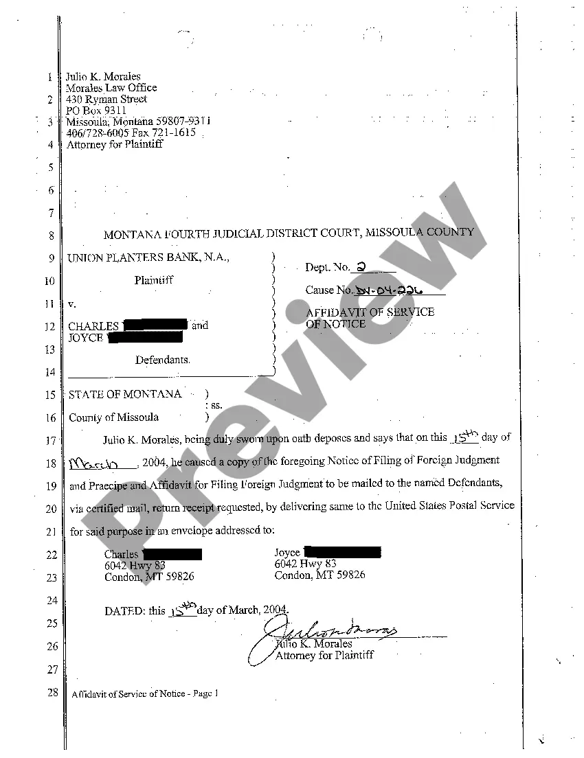 Preview A01 Praecipe and Affidavit for Filing Foreign Judgment