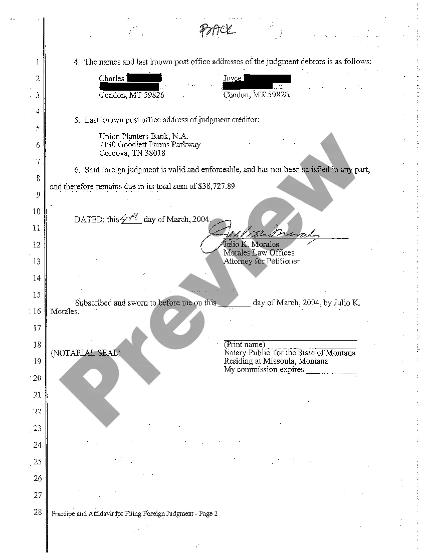 Preview A01 Praecipe and Affidavit for Filing Foreign Judgment