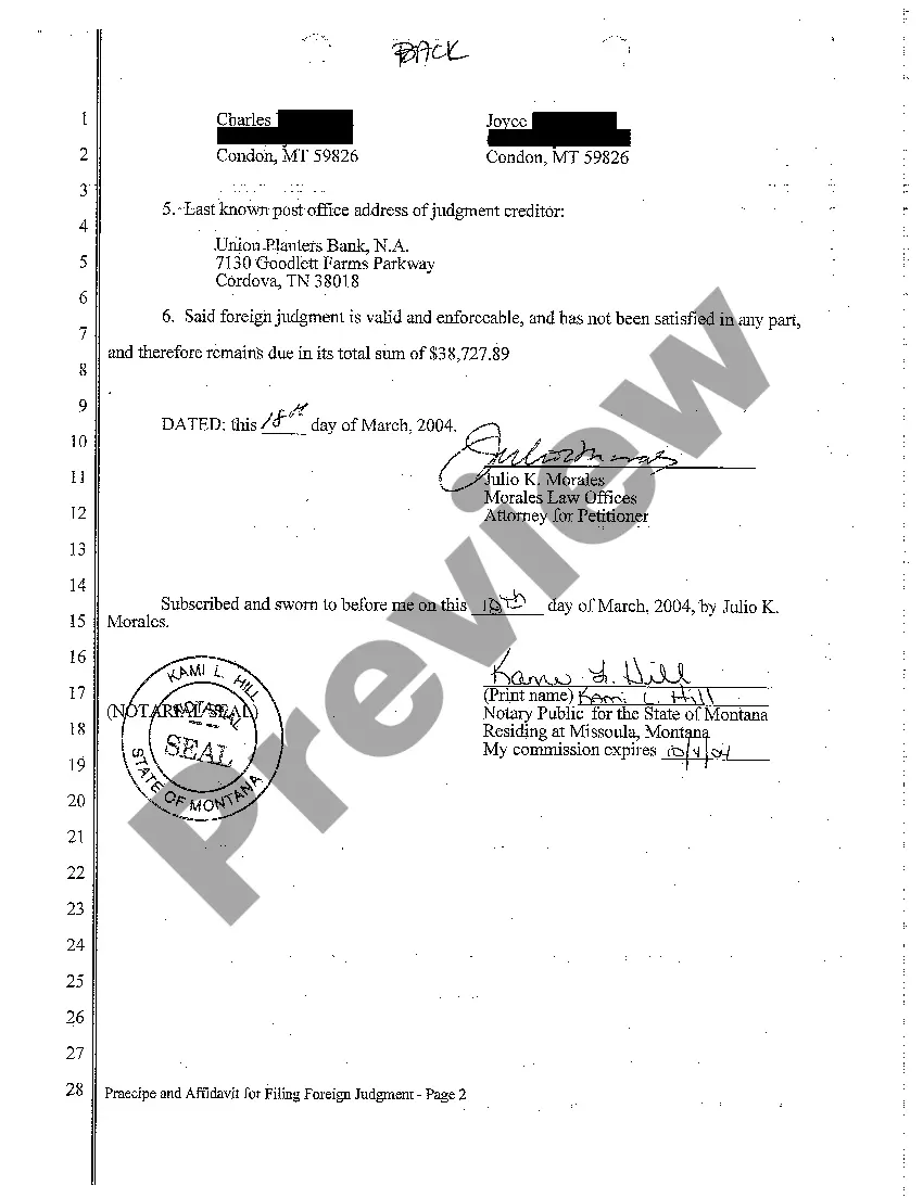 Preview A02 Praecipe and Affidavit for Filing Foreign Judgment