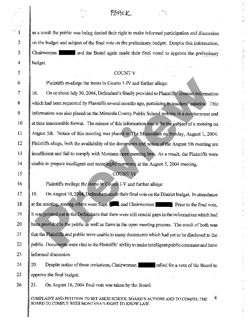 Preview A01 Complaint to Void Public School System's Budget Due to School Board's Failure to Provide Public Documents