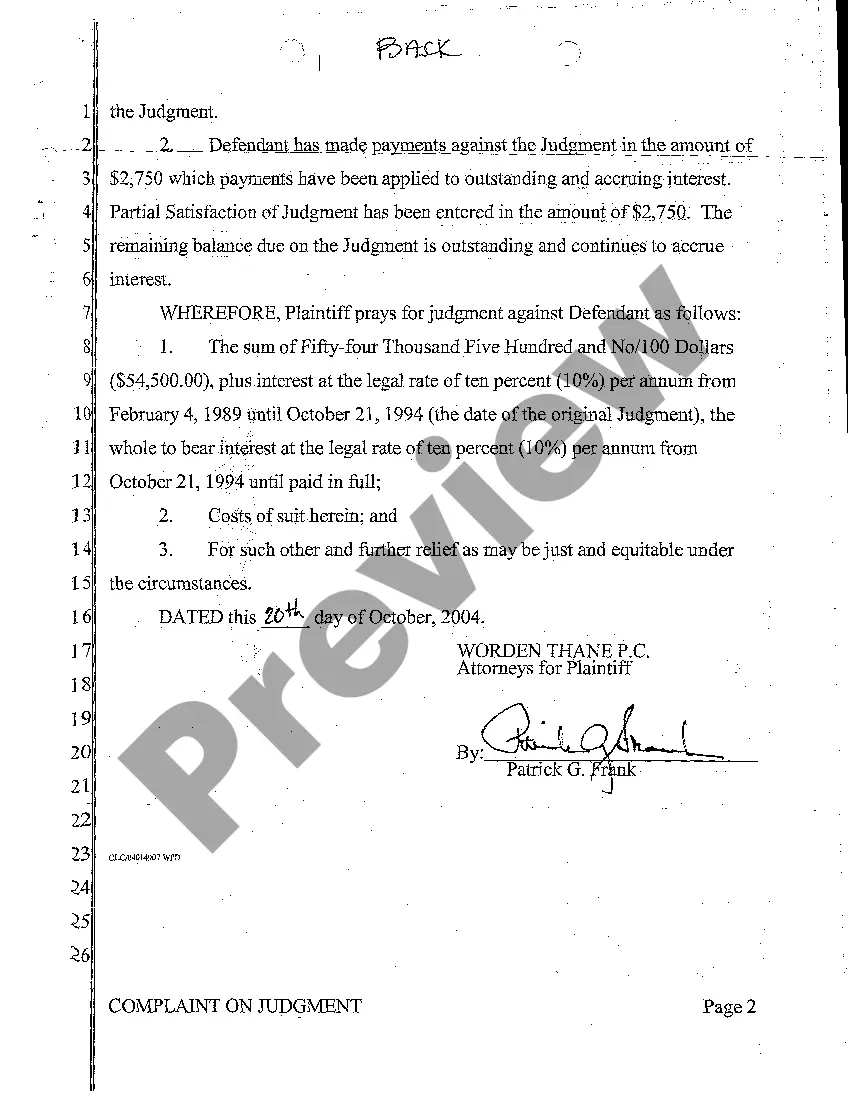 Get A01 Complaint on Judgment for Remaining Balance Due Preview A01 Complaint on Judgment for Remaining Balance Due