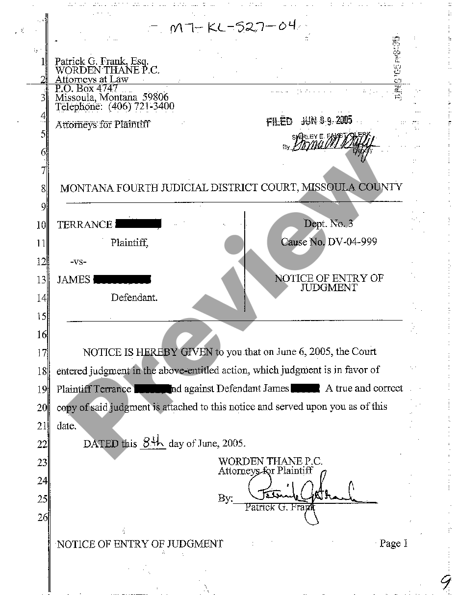 Montana Notice of Entry of Judgment | US Legal Forms