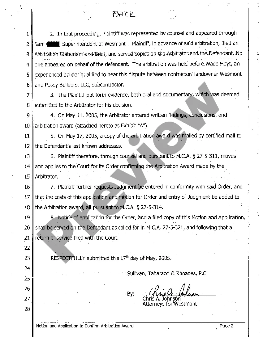 Get A01 Motion and Application to confirm Arbitration Award Preview A01 Motion and Application to confirm Arbitration Award