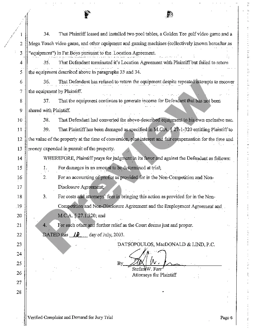 Get A01 Verified Complaint and Demand for Jury Trail regarding Breach of Contract Preview A01 Verified Complaint and Demand for Jury Trail regarding Breach of Contract