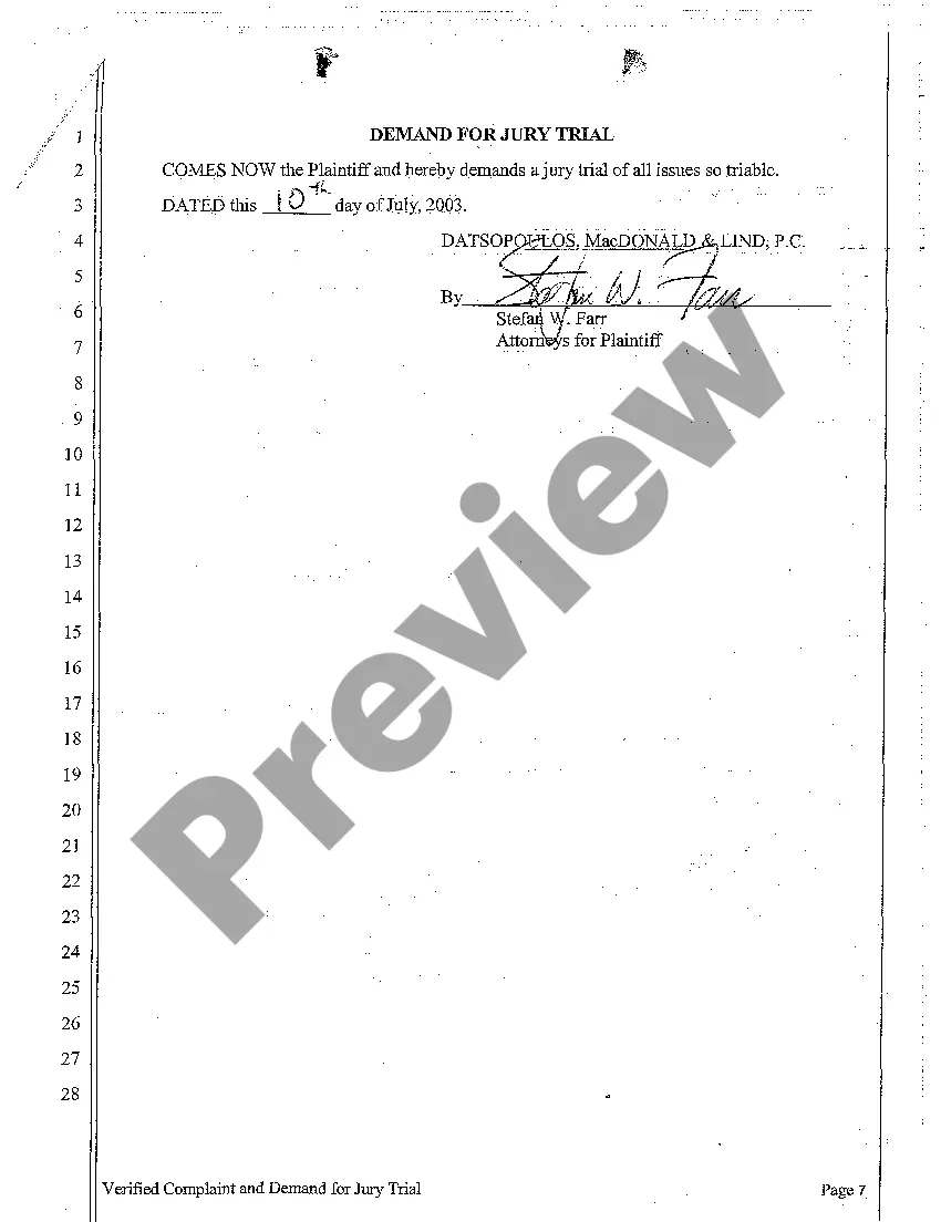 Get A01 Verified Complaint and Demand for Jury Trail regarding Breach of Contract Preview A01 Verified Complaint and Demand for Jury Trail regarding Breach of Contract
