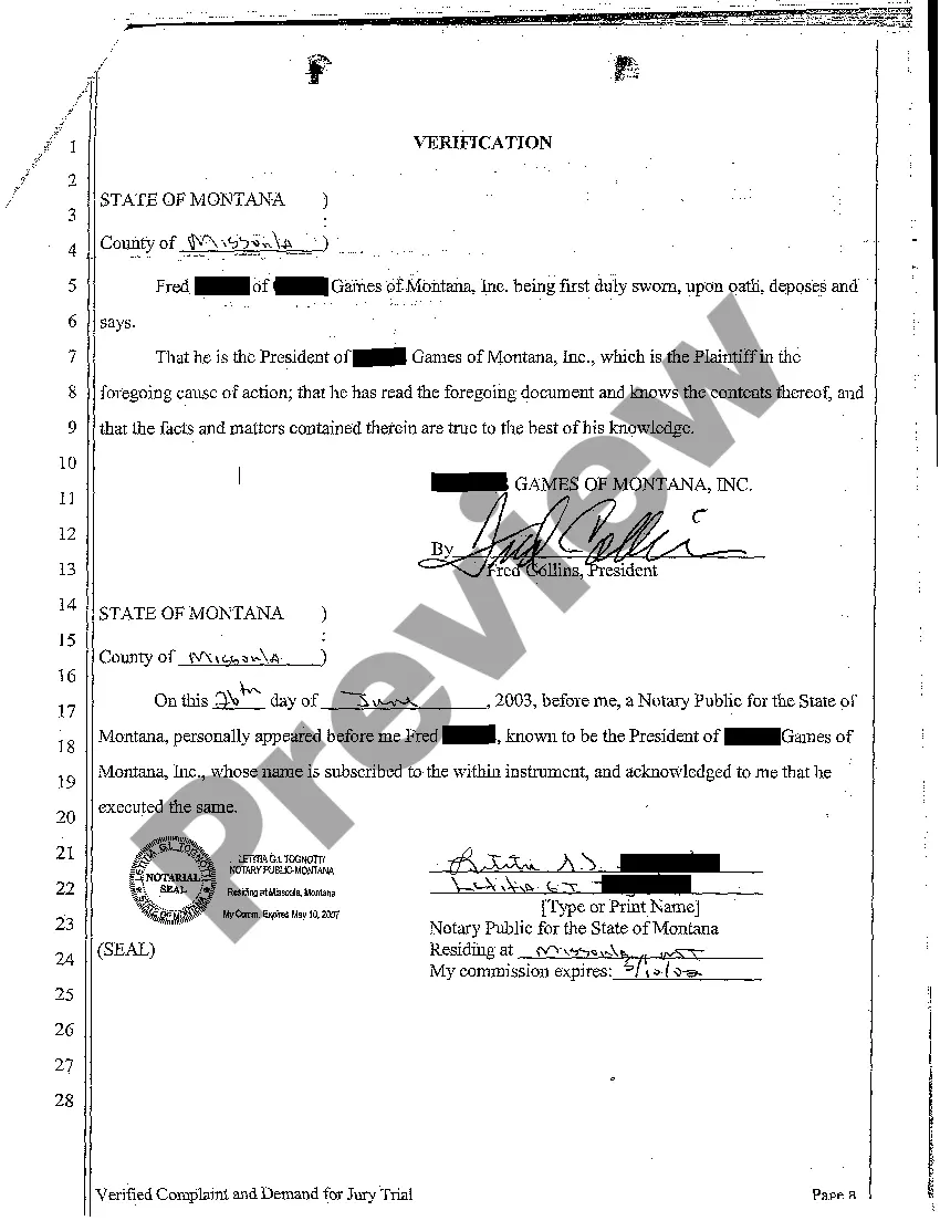 Get A01 Verified Complaint and Demand for Jury Trail regarding Breach of Contract Preview A01 Verified Complaint and Demand for Jury Trail regarding Breach of Contract