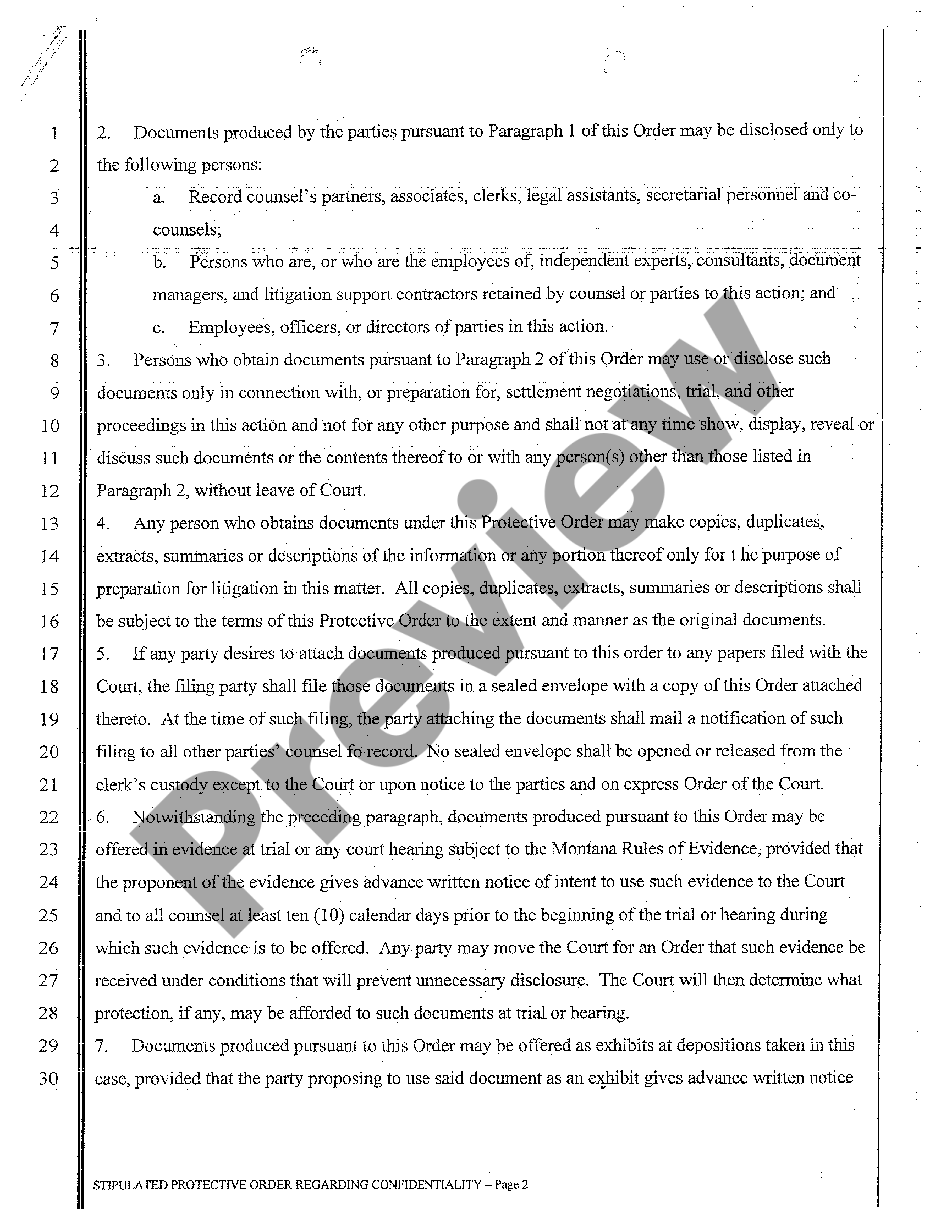 Montana Stipulated Protective Order Regarding Confidentiality Us Legal Forms