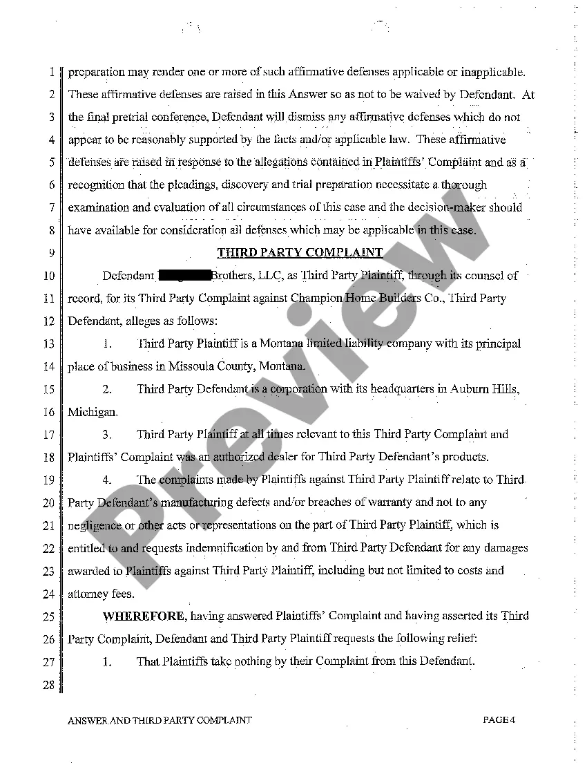 Get A02 Answer and Third Party Complaint Preview A02 Answer and Third Party Complaint