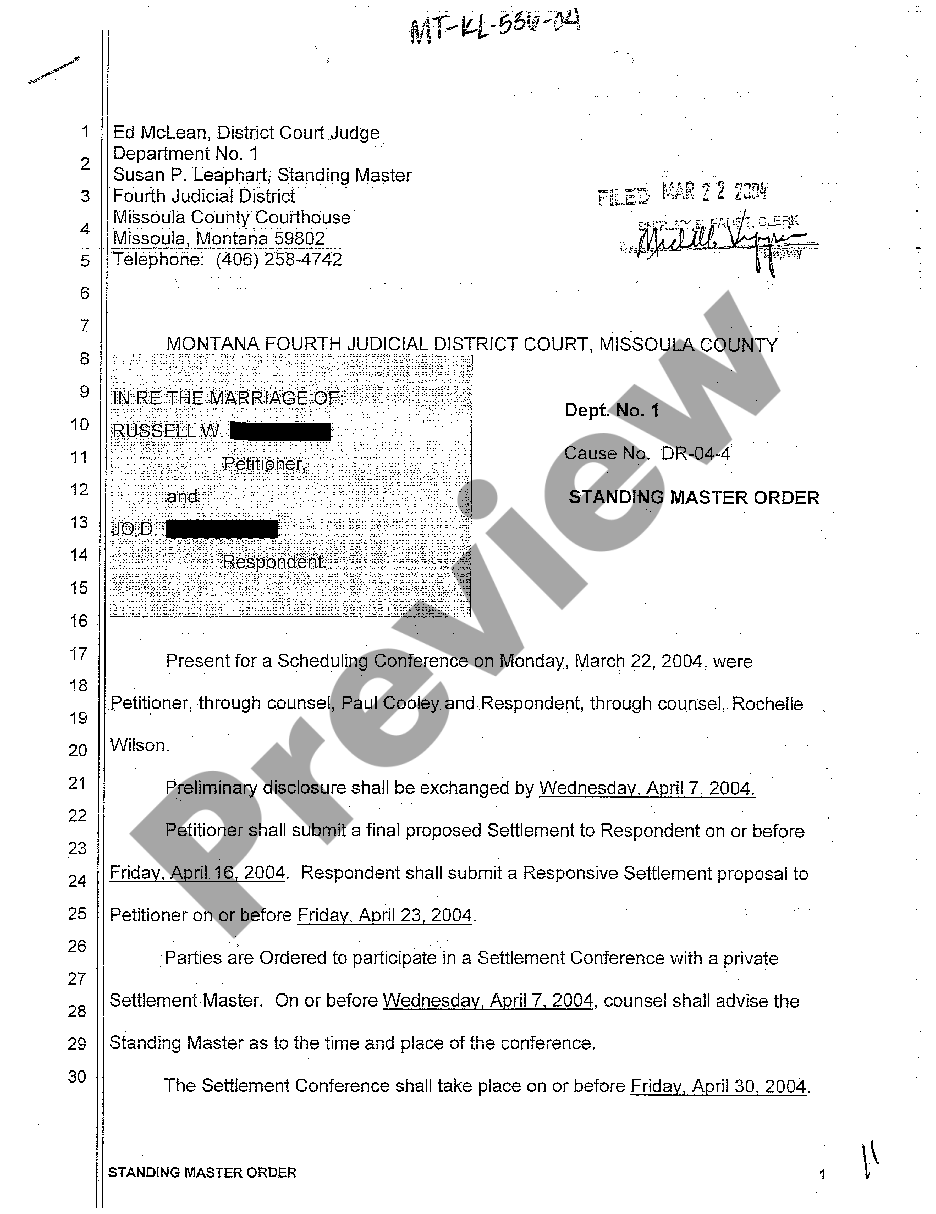 Montana Standing Master Order | US Legal Forms