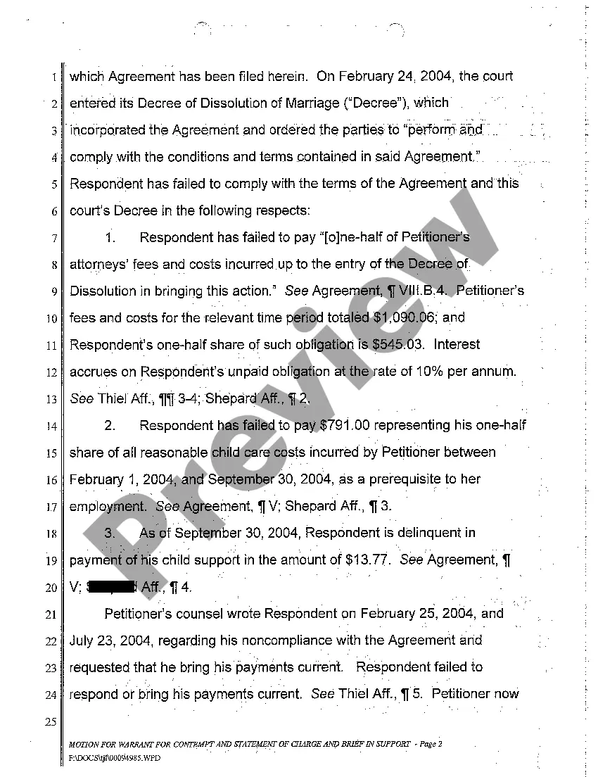 Preview A02 Motion for Warrant for Contempt, Statement of Charge, and Brief in Support