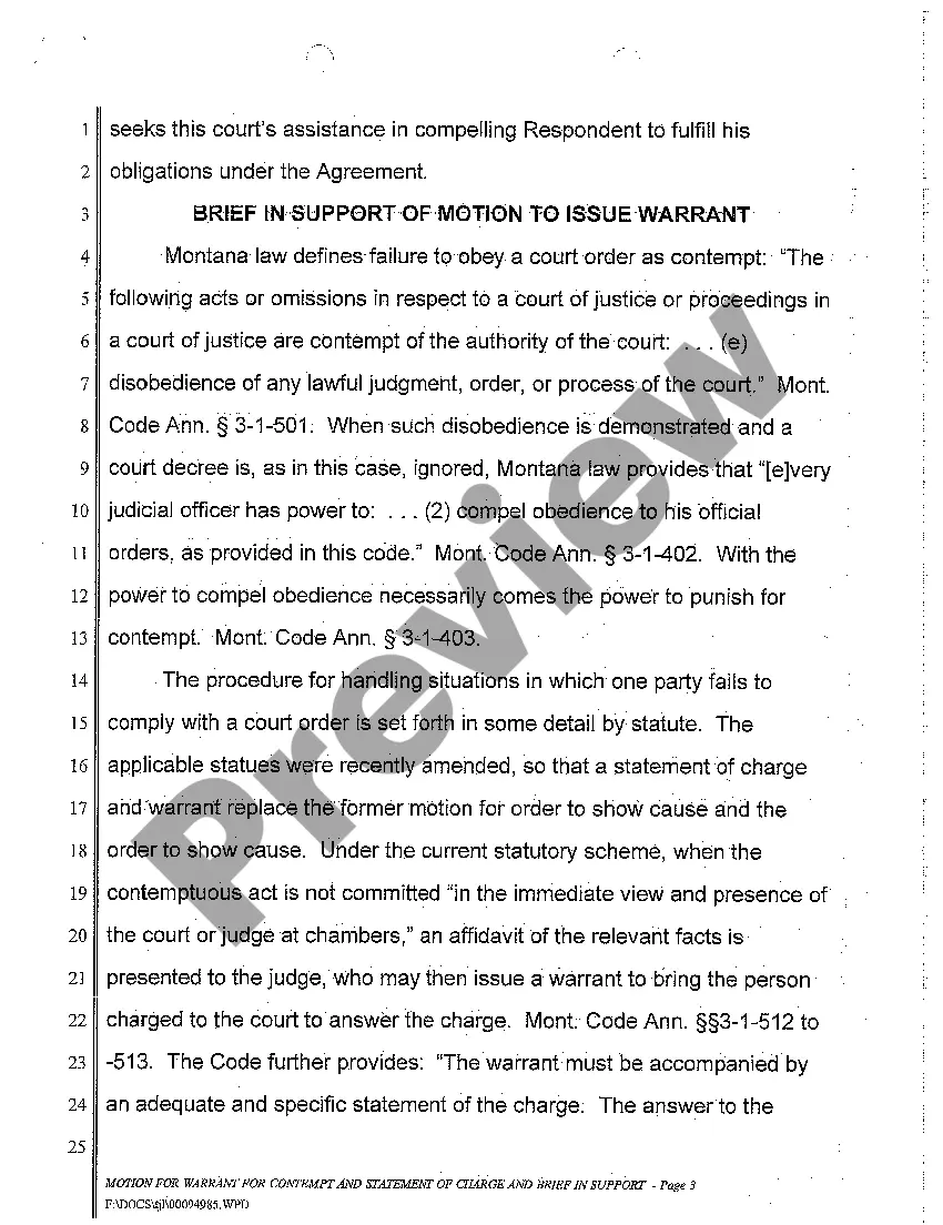 Preview A02 Motion for Warrant for Contempt, Statement of Charge, and Brief in Support