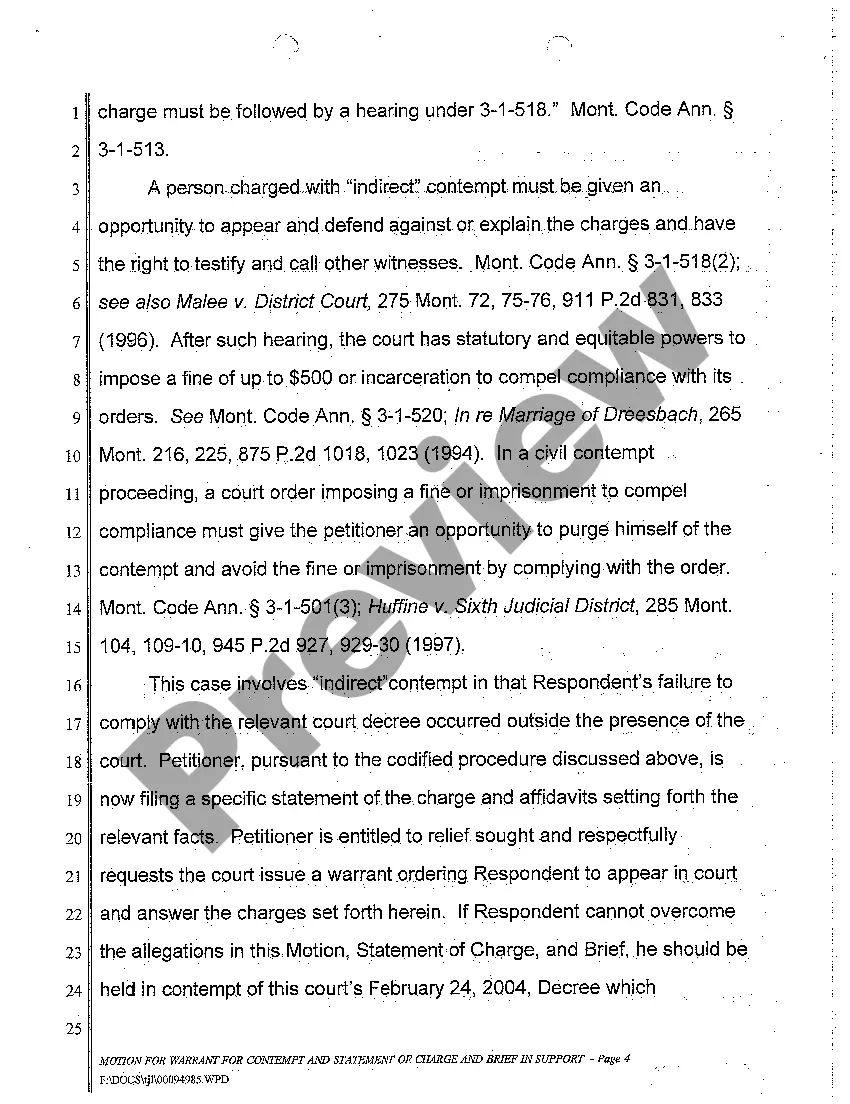 Preview A02 Motion for Warrant for Contempt, Statement of Charge, and Brief in Support