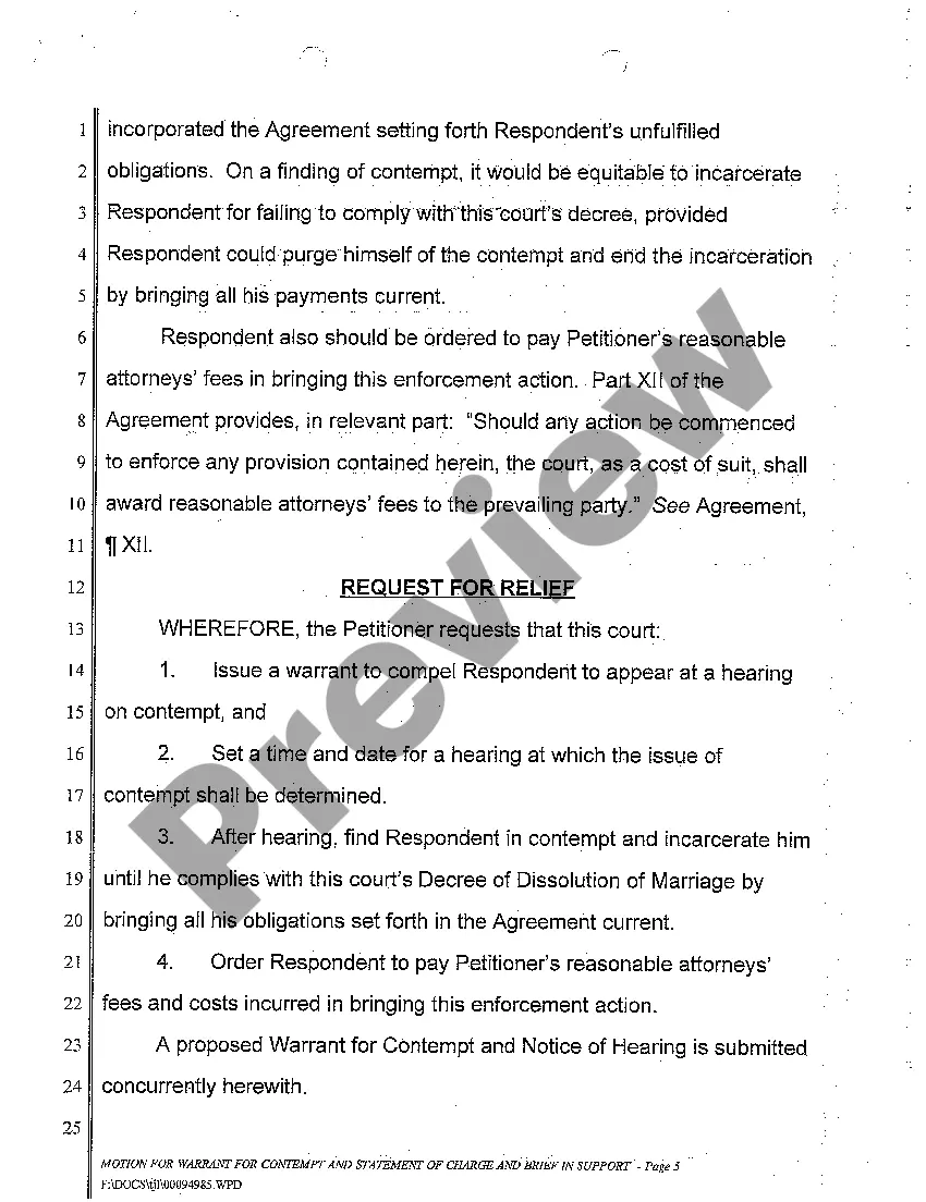 Preview A02 Motion for Warrant for Contempt, Statement of Charge, and Brief in Support
