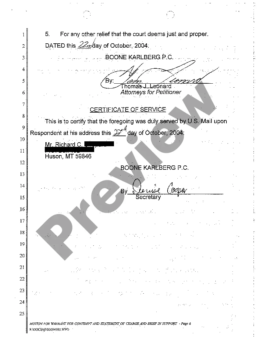 Preview A02 Motion for Warrant for Contempt, Statement of Charge, and Brief in Support
