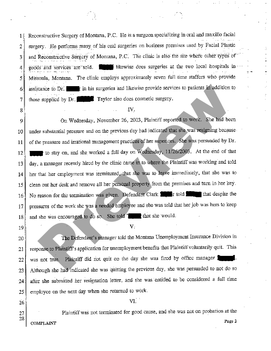 page 1 A01 Complaint for Wrongful Termination preview
