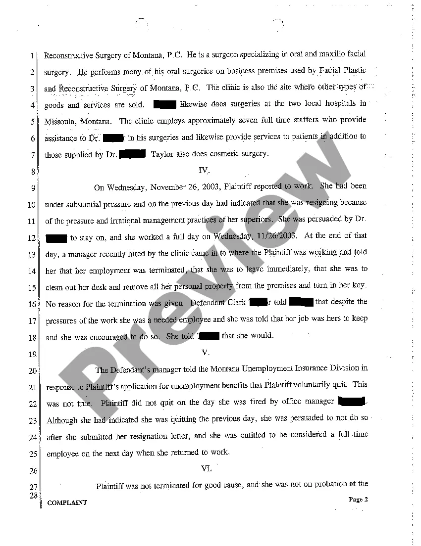 Get A01 Complaint for Wrongful Termination Preview A01 Complaint for Wrongful Termination