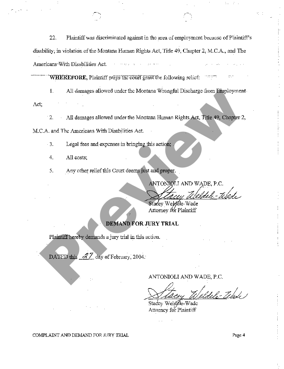 Montana Amended Complaint and Demand for Jury Trial regarding Wrongful ...