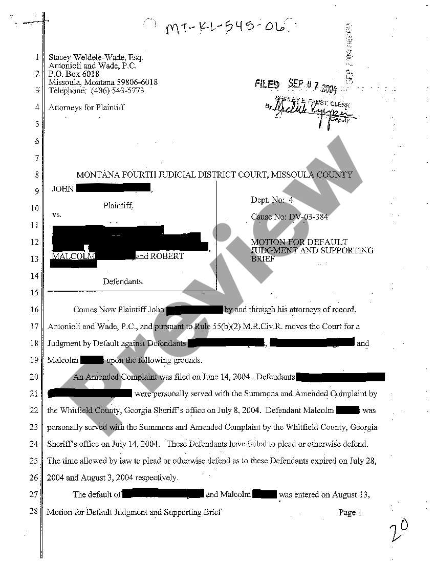 Montana Motion for Default Judgment and Supporting Brief US Legal Forms