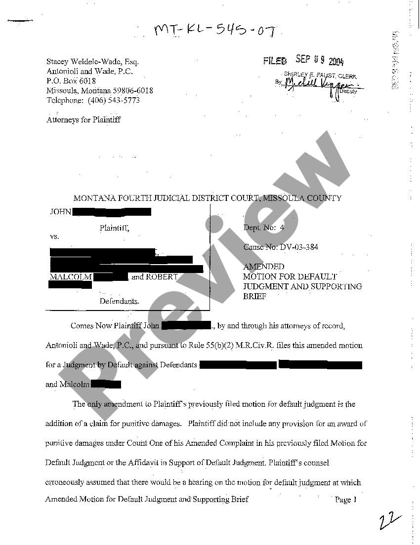 Montana Amended Motion for Default Judgment and Supporting Brief US