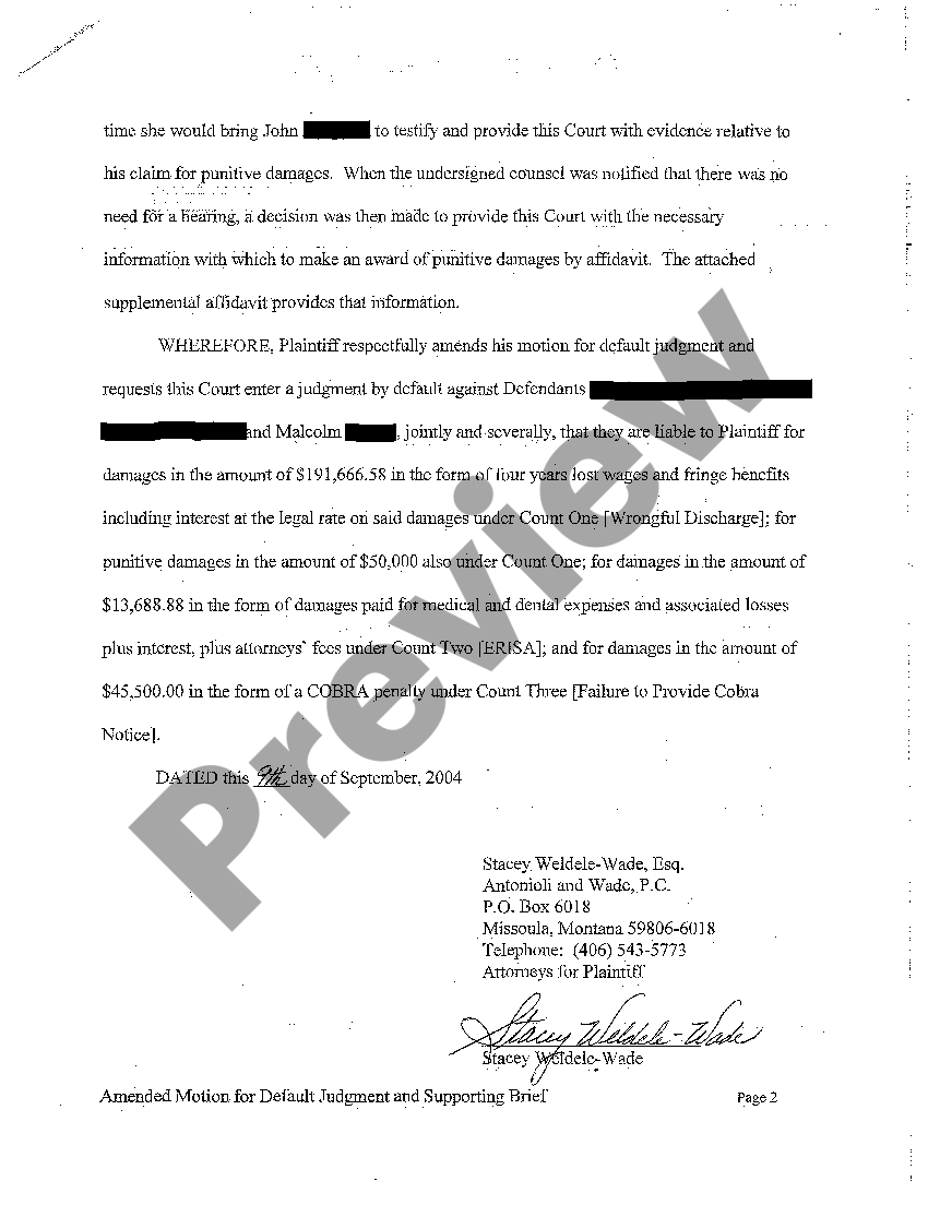Montana Amended Motion for Default Judgment and Supporting Brief US
