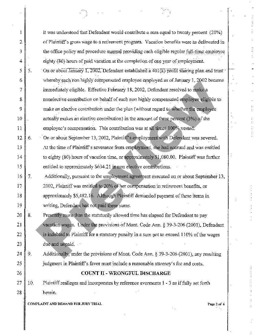 Get A01 Complaint and Demand For Jury regarding Wrongful Termination Preview A01 Complaint and Demand For Jury regarding Wrongful Termination