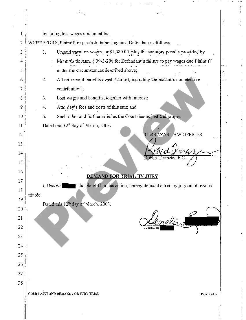 Get A01 Complaint and Demand For Jury regarding Wrongful Termination Preview A01 Complaint and Demand For Jury regarding Wrongful Termination