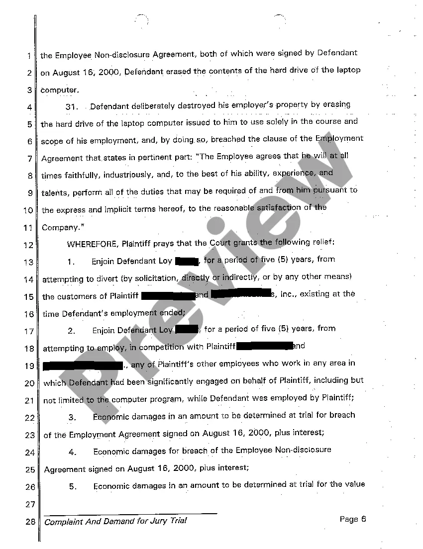 Preview A01 Complaint and Demand for Jury Trial regarding Noncompetition Agreement
