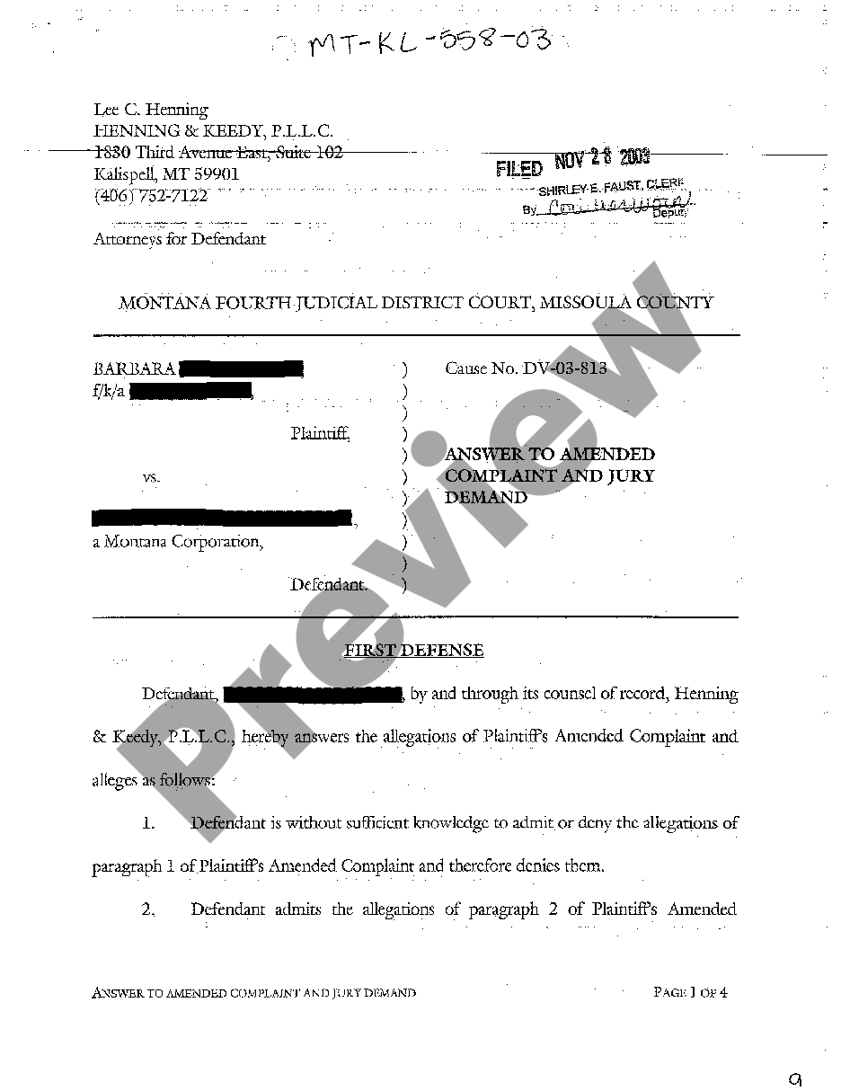 Montana Answer and Amended Complaint and Jury Demand | US Legal Forms