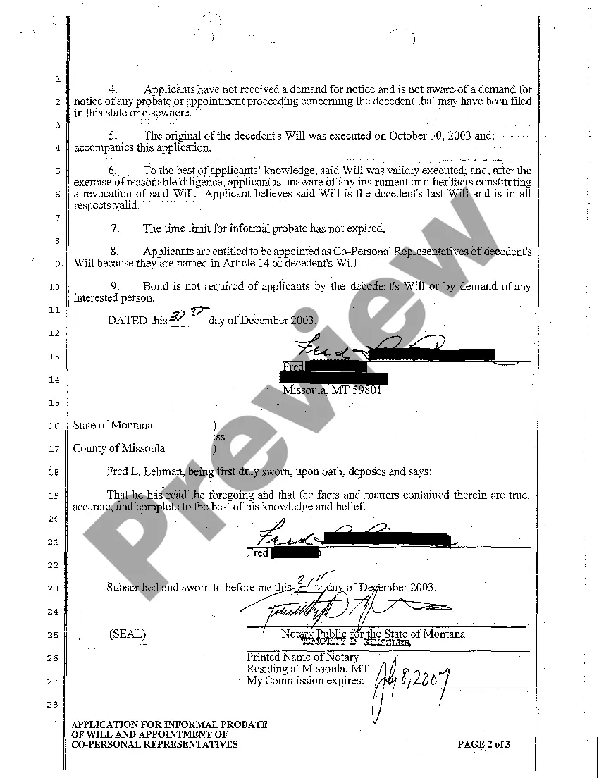 Preview A01 Application for Informal Probate of Will and Appointment of Co-Personal Representatives