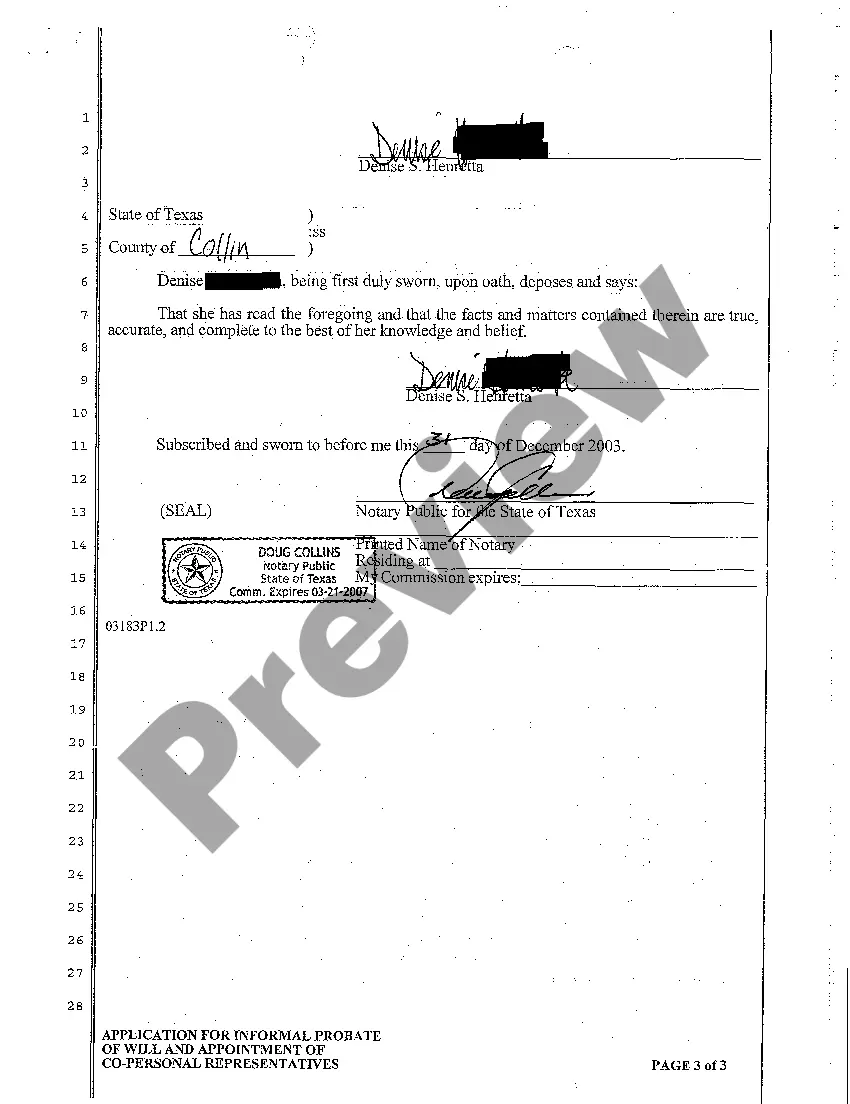 Preview A01 Application for Informal Probate of Will and Appointment of Co-Personal Representatives